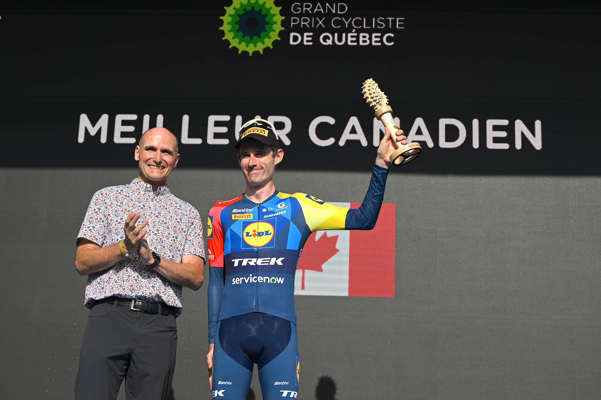 Derek Gee-West of Lidl - Trek celebrates at podium as best Canadian rider at 2026 Grand Prix Cycliste de Quebec