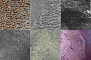 Windblown features on (from top left, clockwise) Earth, Mars, Titan, Venus, Pluto and Triton have been imaged by satellites.