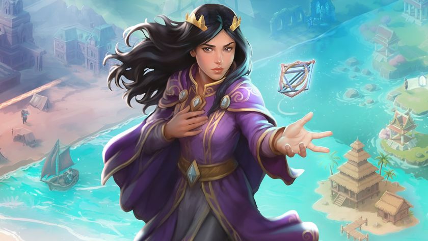 A woman in a purple rose holds some sort of levitating talisman.