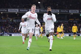  Marcus Rashford of Manchester United celebrates with Rasmus Hojlund after scoring their opening goal during the Premier League match between Wolverhampton Wanderers and Manchester United at Molineux on February 01, 2024 in Wolverhampton, England. (Photo by Alex Livesey - Danehouse/Getty Images)