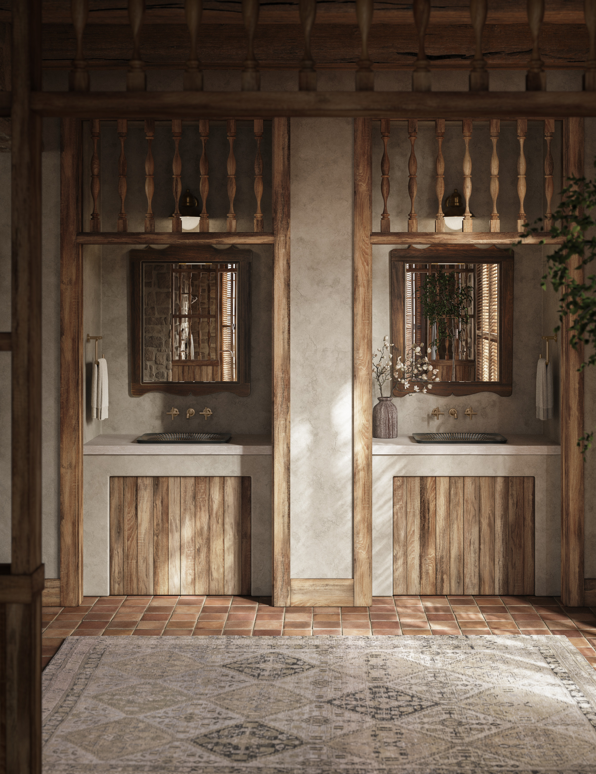 Rustic bathroom double vanity area featuring natural wood and terracotta tiles