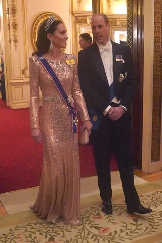 Kate Middleton wears a glittering Jenny Packham gown to a dinner at Buckingham Palace