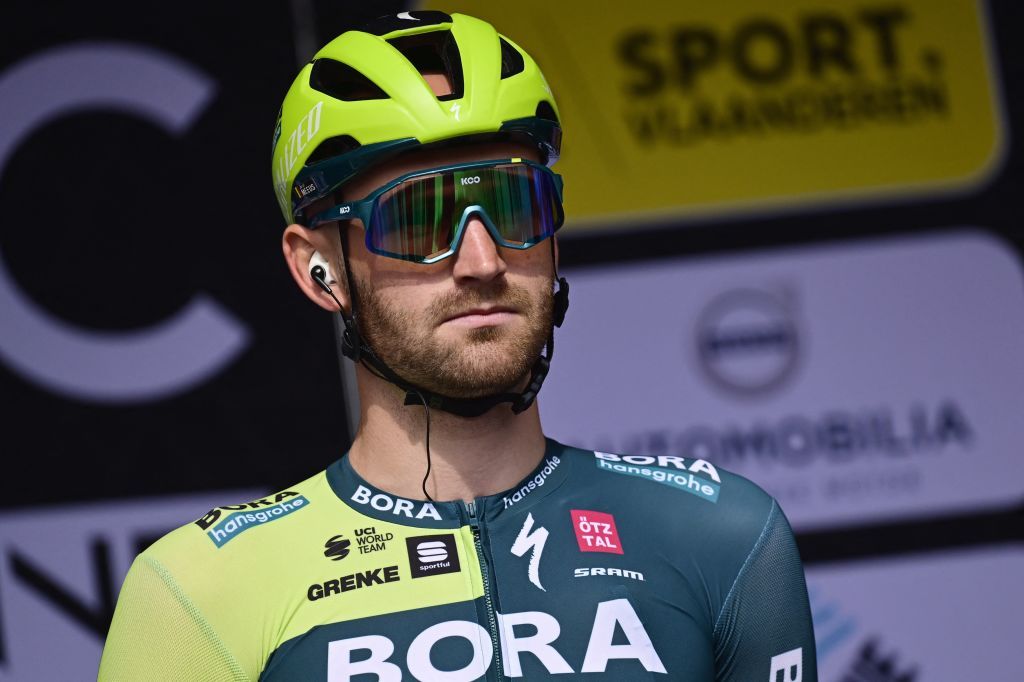 Belgian Jordi Meeus of Bora-Hansgrohe pictured at the team presentation of the &#039;Classic Brugge-De Panne&#039; men&#039;s elite one-day cycling race, 198,9 km from Brugge to De Panne, Wednesday 20 March 2024. BELGA PHOTO DIRK WAEM (Photo by DIRK WAEM / BELGA MAG / Belga via AFP)