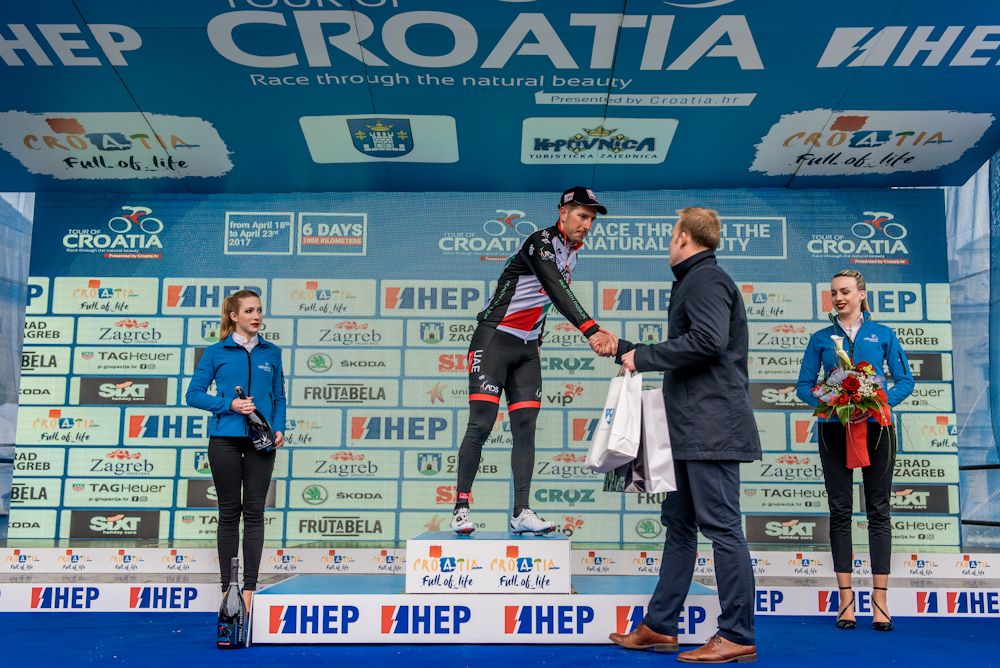 Sacha Modolo on the podium after winning stage 1 at Tour of Croatia