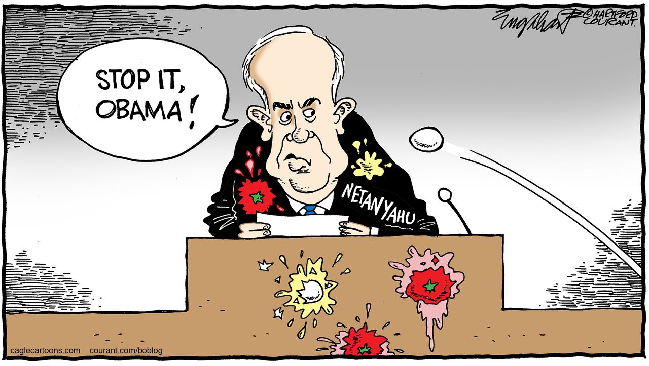 Political cartoon World Netanyahu Obama speech