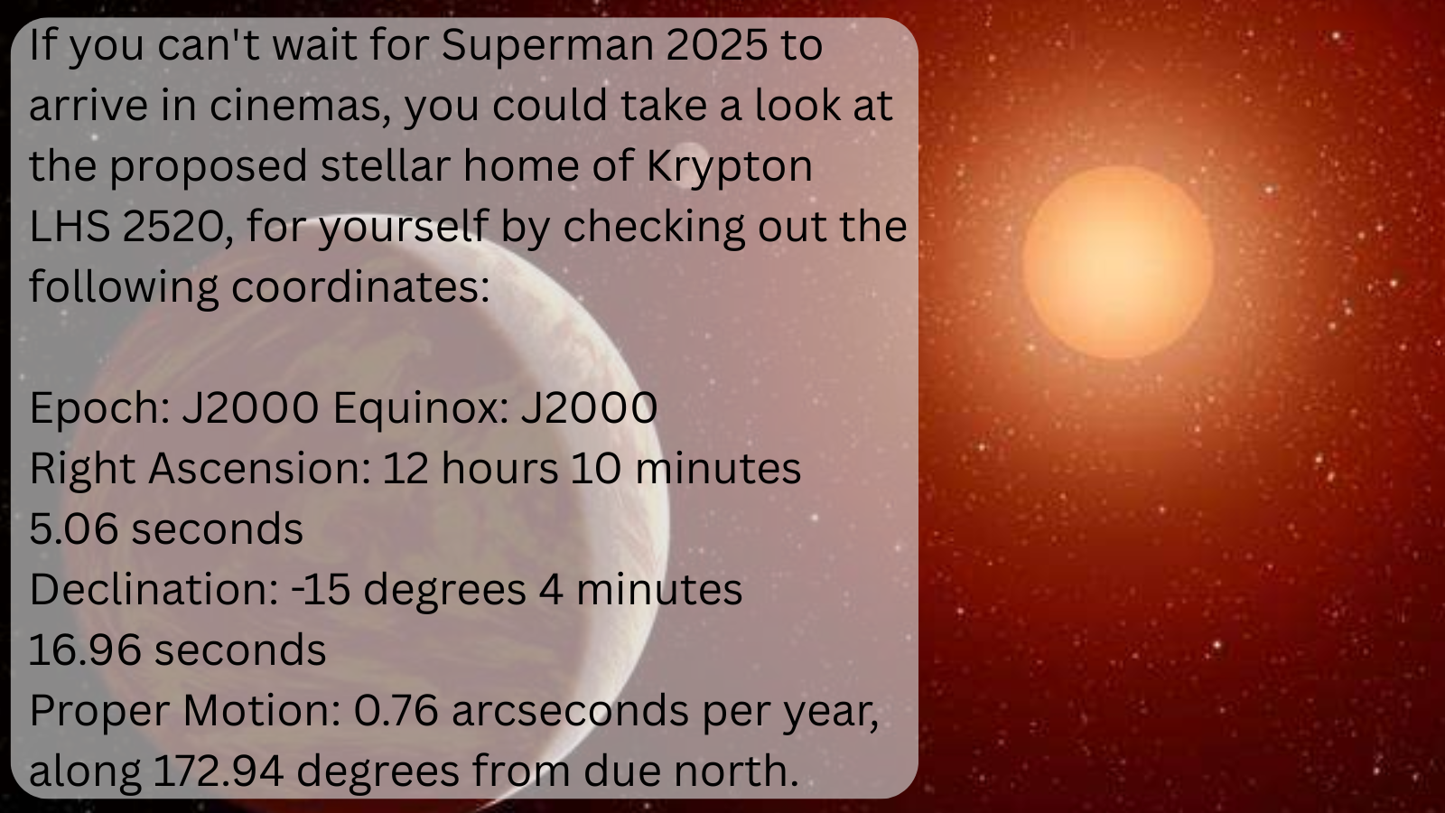How to see Krypton's proposed home star LHS 2520 with an illustration of a red dwarf star in the background