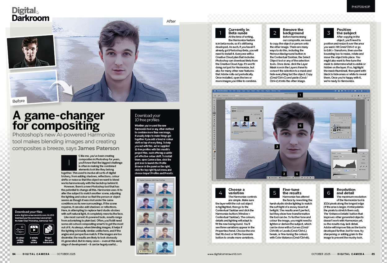 Image showing the Tool School tutorial in issue 299 (October 2025) of Digital Camera magazine, explaining how to use the new Harmonize tool in Adobe Lightroom