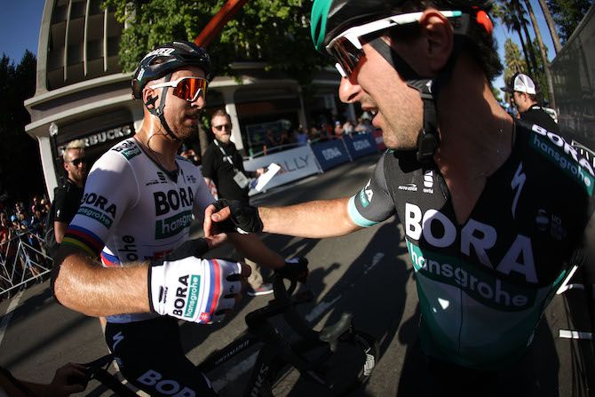 Peter Sagan (Bora-Hansgrohe) receives the congratulations of his teammates after winning the first stage of the 2019 Tour of California