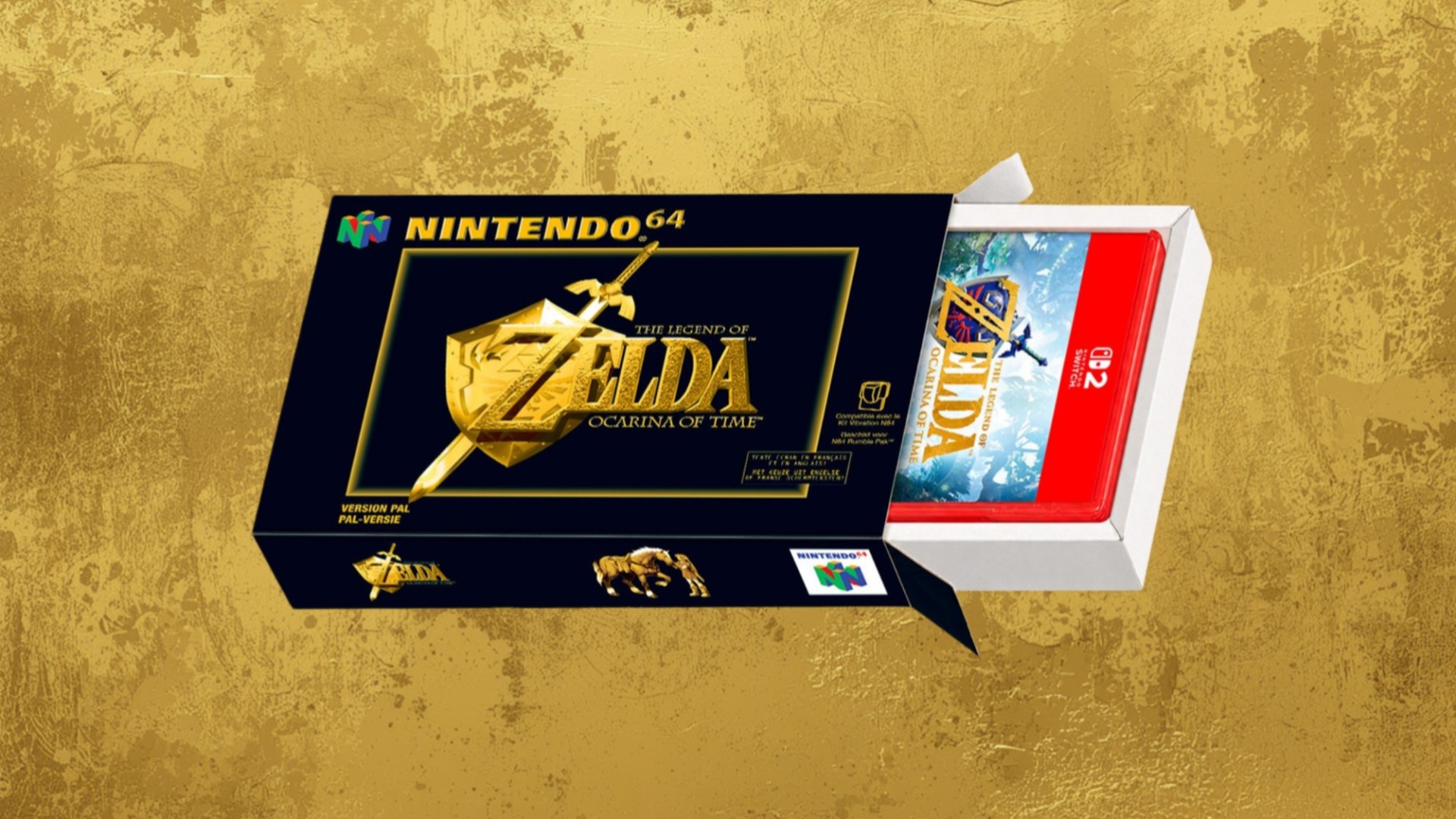 The Legend of Zelda Ocarina of Time PAL slipcase with a Switch 2 physical version of the remake inside, set against a gold background