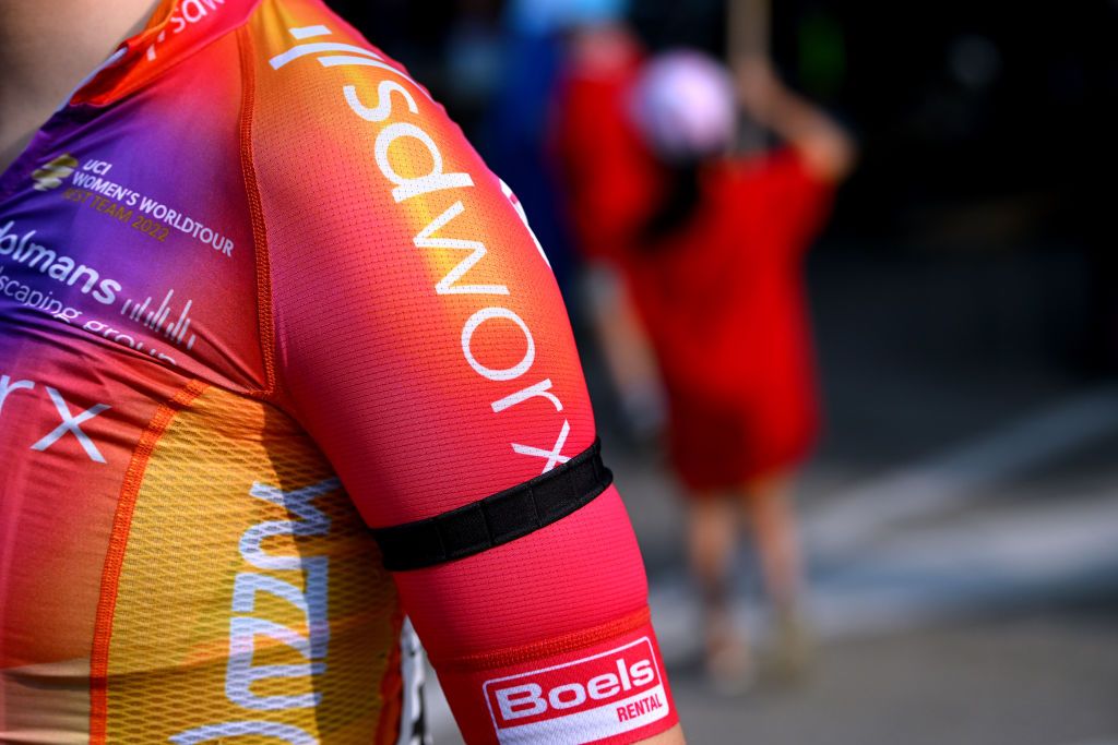 WEINFELDEN SWITZERLAND JUNE 17 Detail view of a Team SD Worx rider wearing a black ribbon in memory of Gino Mder prior to the 3rd Tour de Suisse Women 2023 Stage 1 a 56km stage from Weinfelden to Weinfelden UCIWWT on June 17 2023 in Weinfelden Switzerland Photo by Dario BelingheriGetty Images