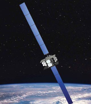 An artist's illustration of the Wideband Global SATCOM 4 satellite built by Boeing, which is launched into space on Jan. 19, 2012 from Cape Canaveral, Fla.