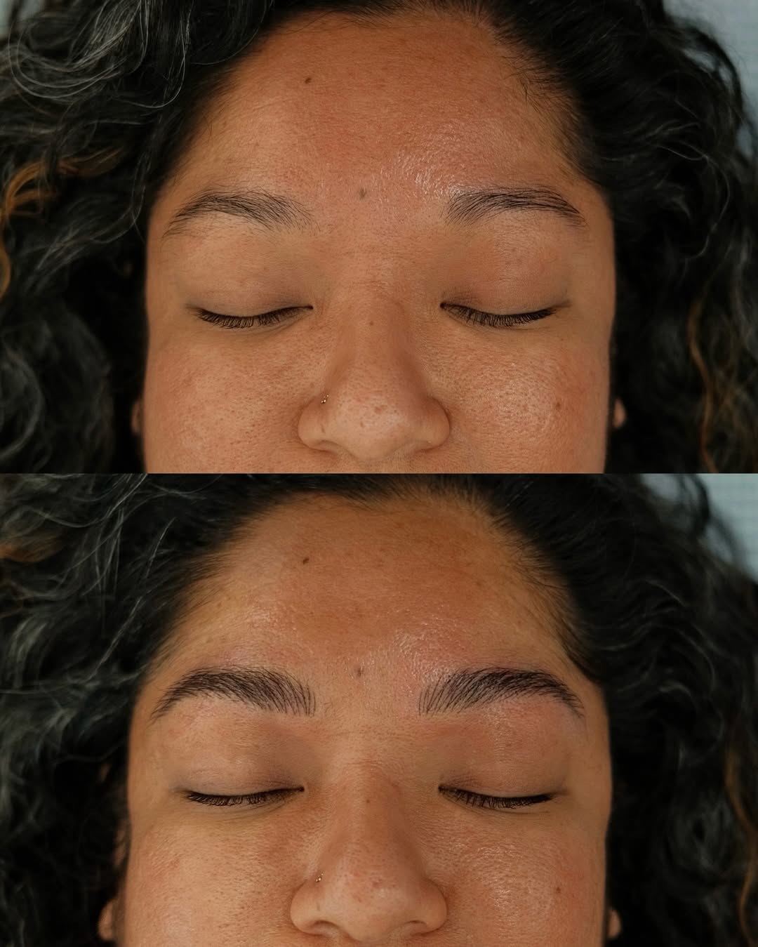 A client before and after having their brows tattooed by Shaughnessy Otsuji.