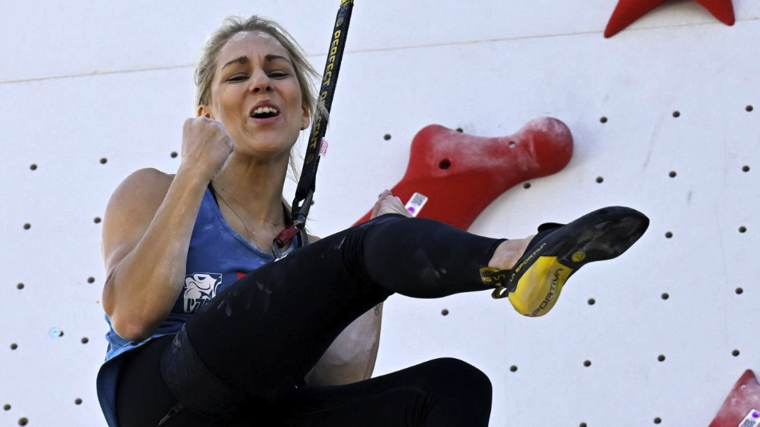 Gold medal winner Poland&#039;s Aleksandra Miroslaw reacts after winning the Women&#039;s speed climbing European Championships ahead of the women&#039;s Speed Climbing final day at Olympics 2024