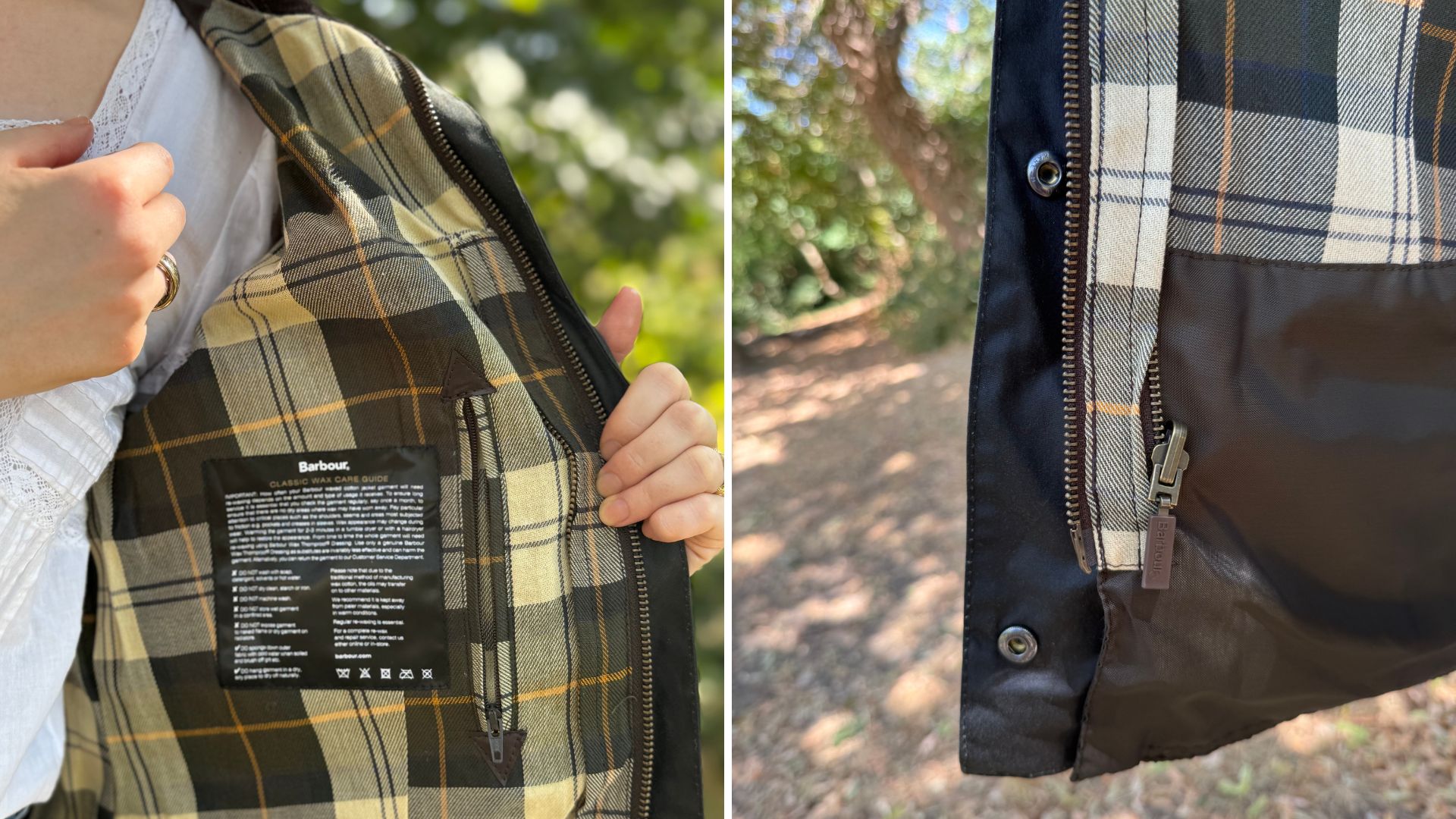 two images of Caroline Parr trying the Barbour Beadnell waxed jacket