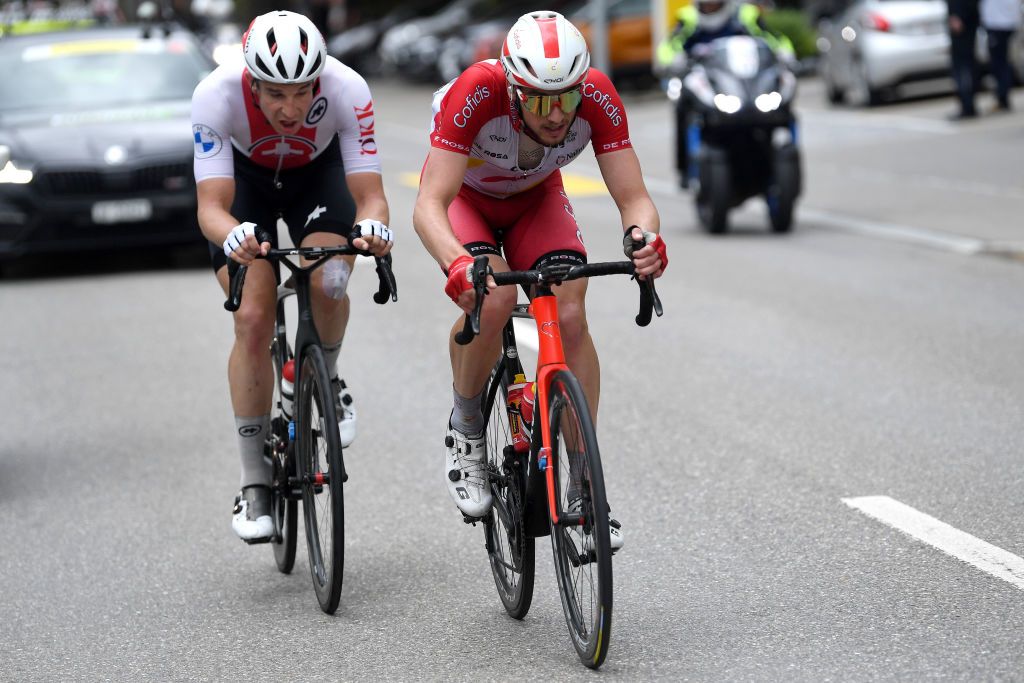 LACHEN SWITZERLAND JUNE 07 Claudio Imhof of Switzerland and Team Switzerland Tom Bohli of Switzerland and Team Cofidis in breakaway during the 84th Tour de Suisse 2021 Stage 2 a 178km stage from Neuhausen am Rheinfall to Lachen UCIworldtour tds tourdesuisse on June 07 2021 in Lachen Switzerland Photo by Tim de WaeleGetty Images