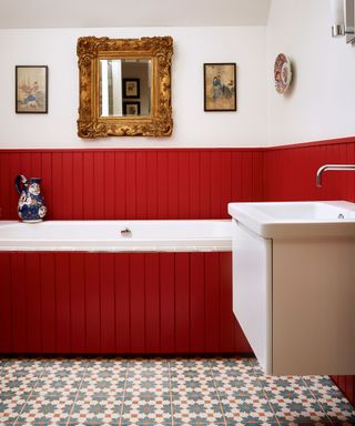 Wainscoting ideas with painted red bathroom panels