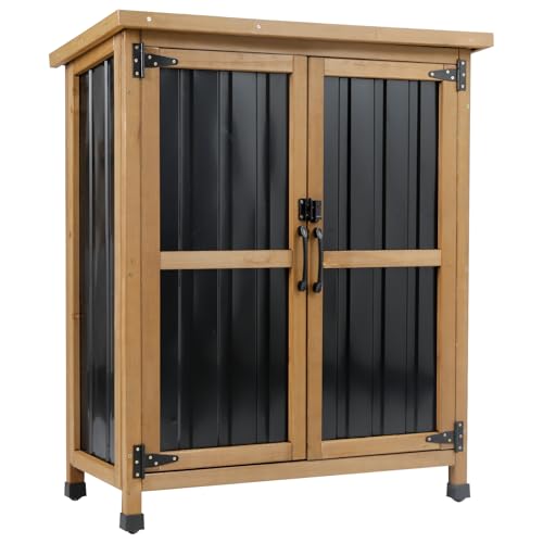 Ketive Outdoor Storage Cabinet, Wood &amp;amp; Metal Small Garden Tool Storage Cabinet With Weather-Resistant Asphalt Roof, Double Lockable Doors &amp;amp; Removable Shelves for Porch, Patio, Garden, Backyard