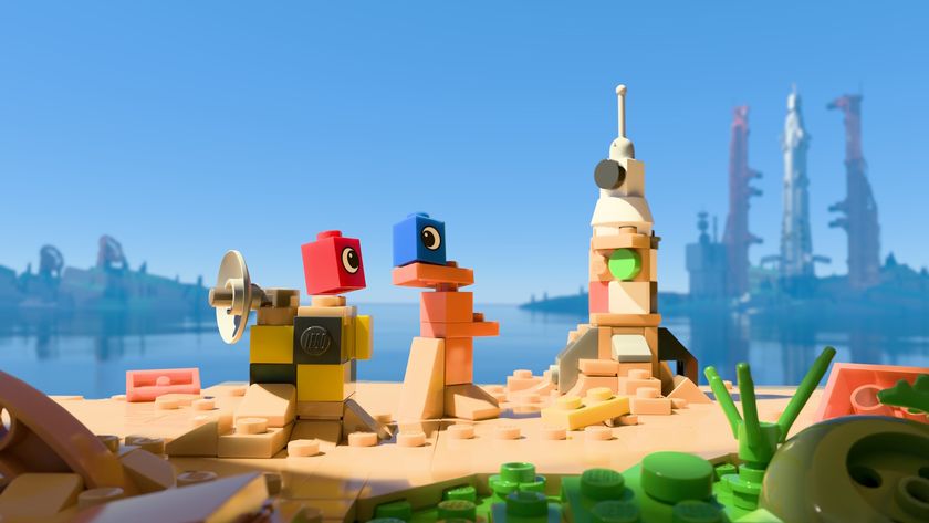 Key art for Lego Voyagers showing the two lego heroes with red and blue brick eyes near a rocket