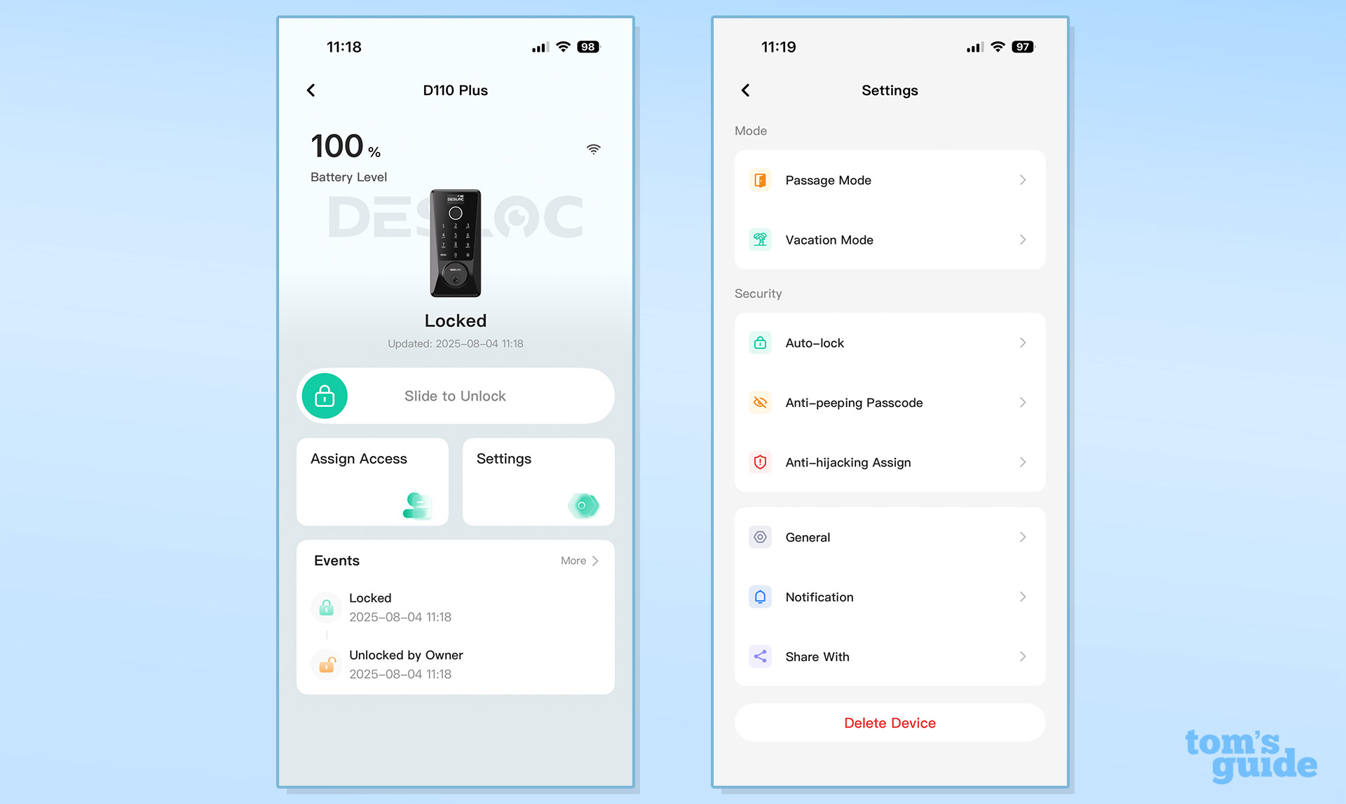 Screenshots from the Desloc D110 Plus app