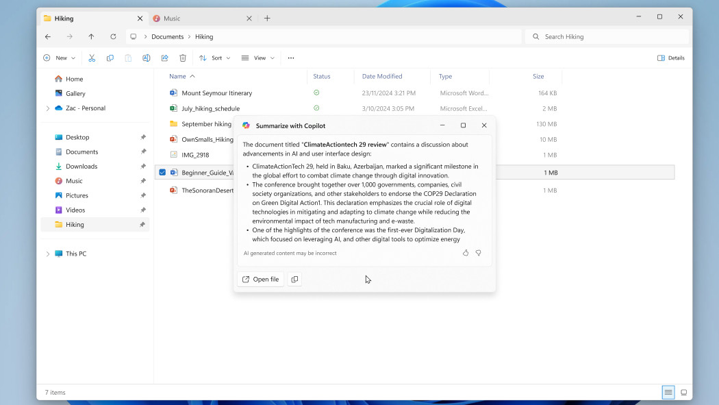 Windows 11 Summarize with Copilot AI action in File Explorer