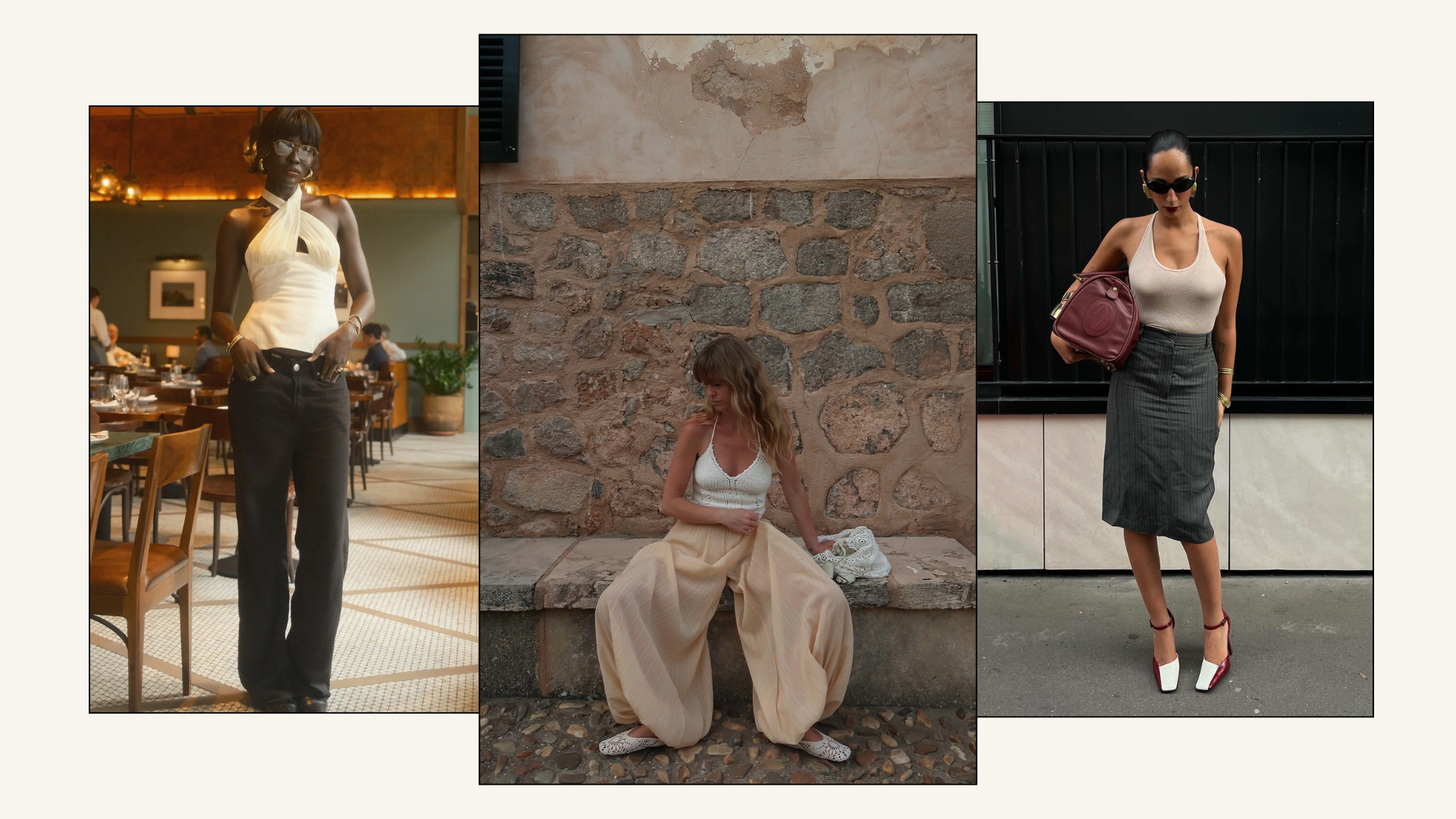 Three fashion people wearing a halter neck top outfit.