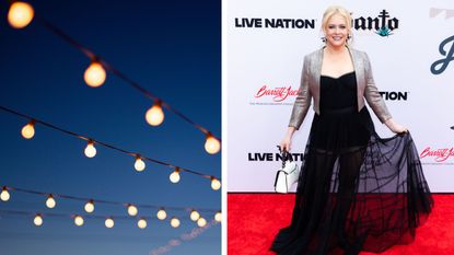 A shot of festoon style hanging outdoor lights at night, next to Melissa Joan Hart at a red carpet event