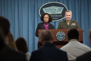 Dana White, assistant to the secretary of defense for public affairs, and Lt. Gen. Kenneth F. McKenzie, the Joint Staff director, brief the press at the Pentagon in Washington, D.C., Jan. 11, 2018. During the briefing, they referred questions about the Zuma mission to SpaceX.