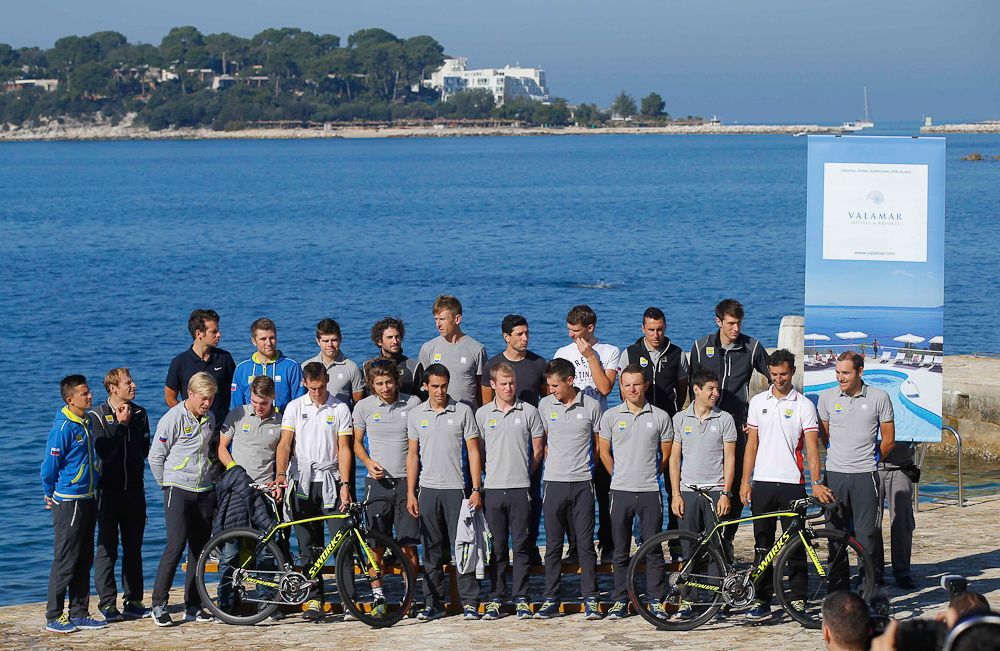Tinkoff-Saxo riders and staff pose for a photo in Poreč, Croatia.