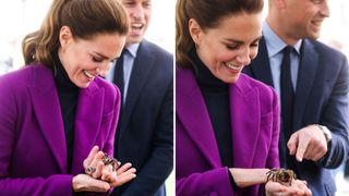 Two photos of Kate Middleton holding a spider