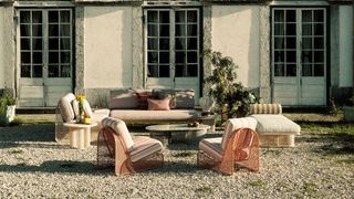 Patio area with colorful outdoor furniture