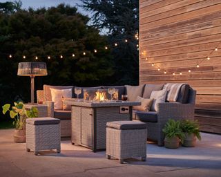 sofa and fire pit on patio from kettler