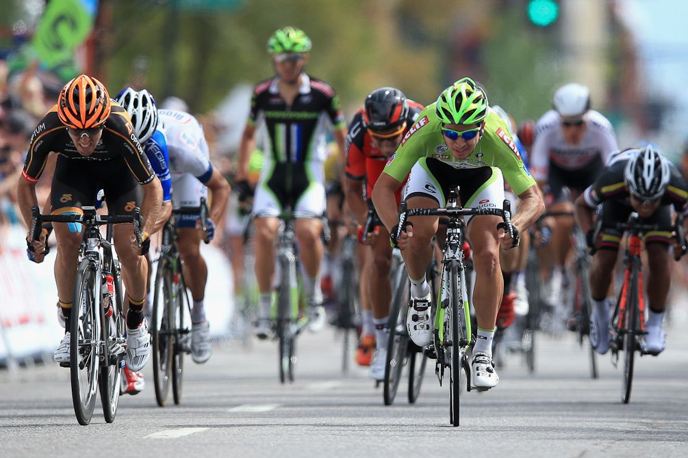 Ryan Anderson, right, finishes second to Peter Sagan during the final stage of the 2013 USA Pro Challenge