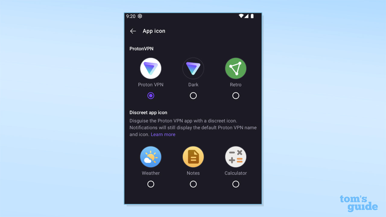 Screenshot of Proton VPN's discreet icon feature on Android
