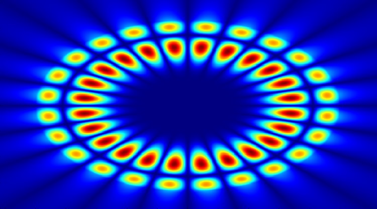 Researchers funded by the U.S. National Science Foundation are creating a new biosensor that uses laser light, engineered viruses and advanced manufacturing techniques to more accurately detect the smallest amounts possible of biological molecules — in our food, in our water, and even in our own blood. Shown here is a cross-sectional view of a circular optical cavity, or resonator, showing whispering gallery modes total internally reflected along the surface of a fiber. 
