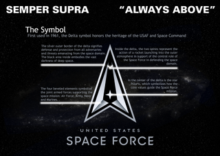 A U.S. Space Force graphic detailing the space force emblem that takes the shape of an arrowhead colored gray and black.