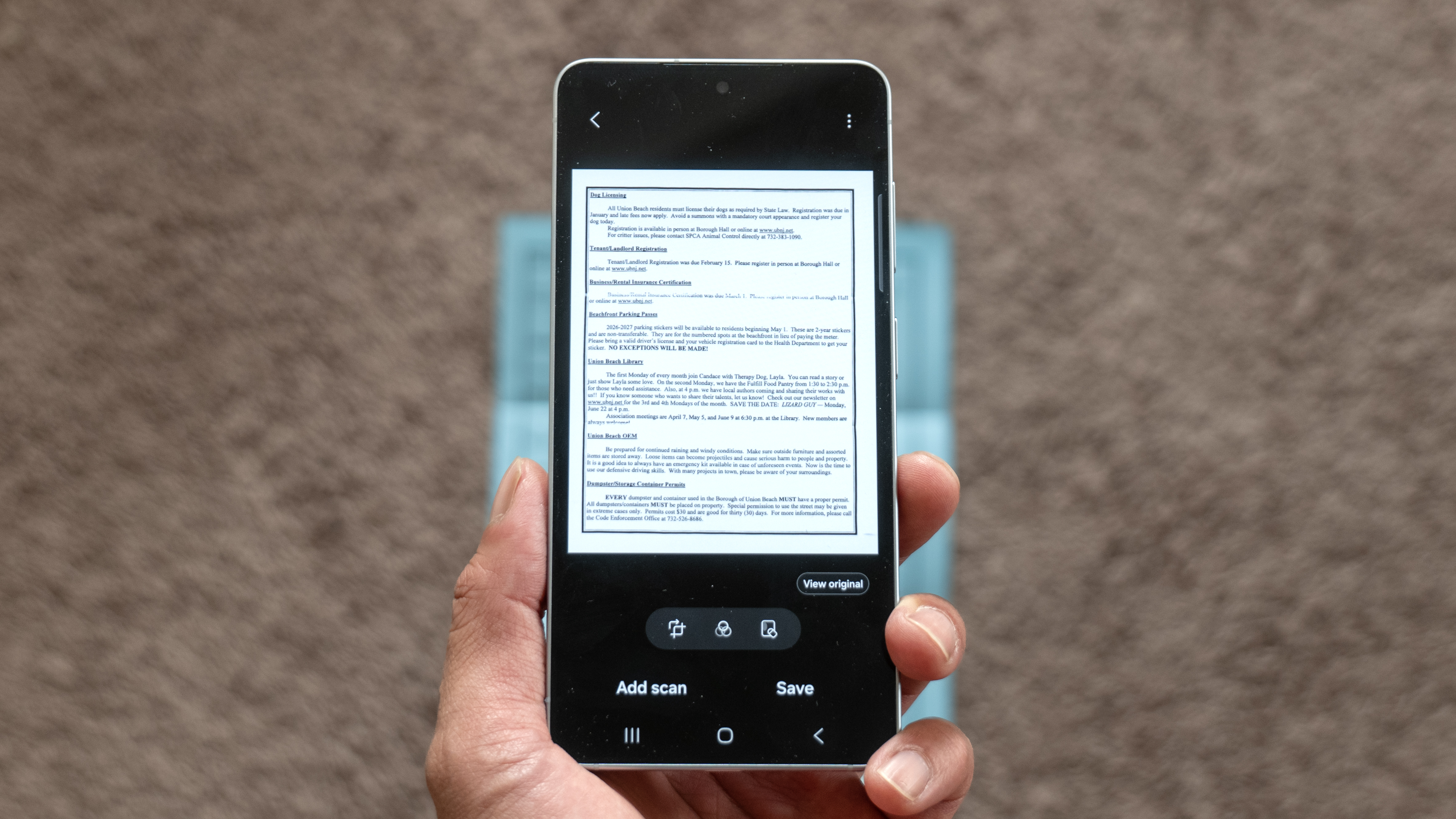 A picture showing the finished result of scanning a document using the Galaxy S26's built-in, AI-powered scanner