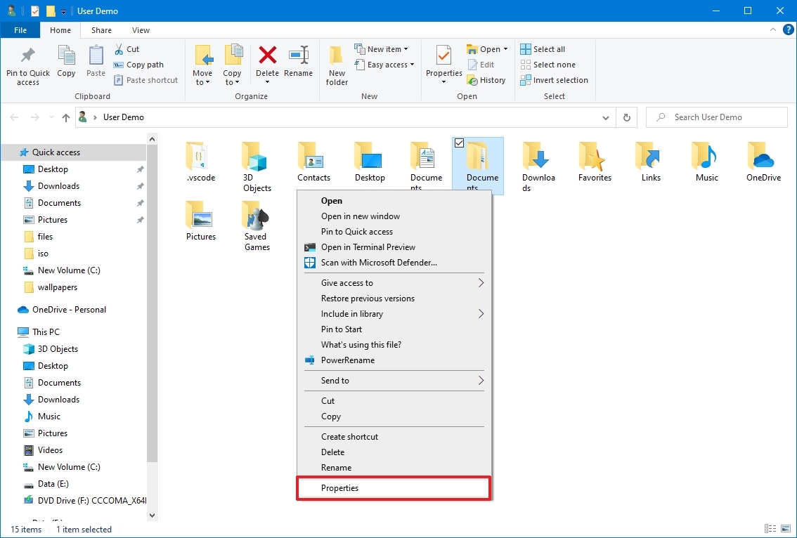 Контекстное меню папки пользователя Windows 10