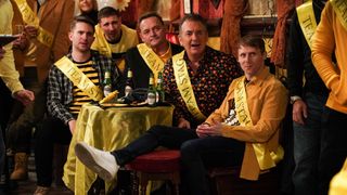 Everyone celebrates Honey and Billy's stag and hen party in the Vic, all wearing yellow and black outfits