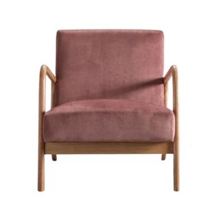 A pink mid century modern wooden chair with pink upholstery