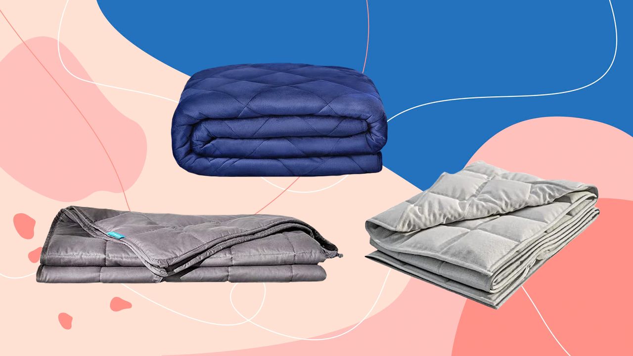 Three weighted blankets on graphic background