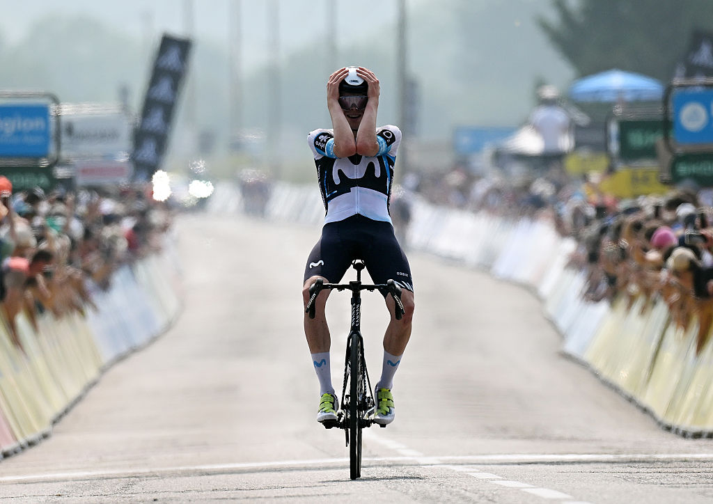 CHARANTONNAY FRANCE JUNE 10 Ivan Romeo of Spain and Team Movistar celebrates at finish line as stage winner during the 77th Criterium du Dauphine 2025 Stage 3 a 2072km stage from Brioude to Charantonnay UCIWT on June 10 2025 in Charantonnay France Photo by Dario BelingheriGetty Images