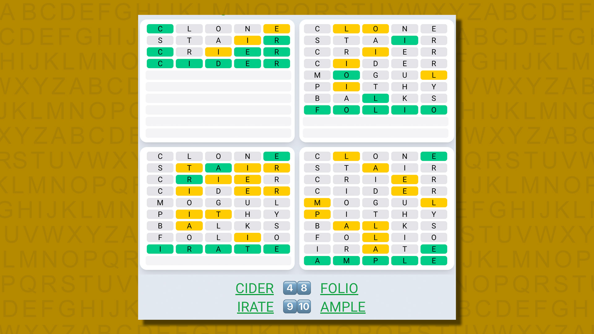 Quordle ежедневные последовательности ответов для игры 572 на желтом фоне