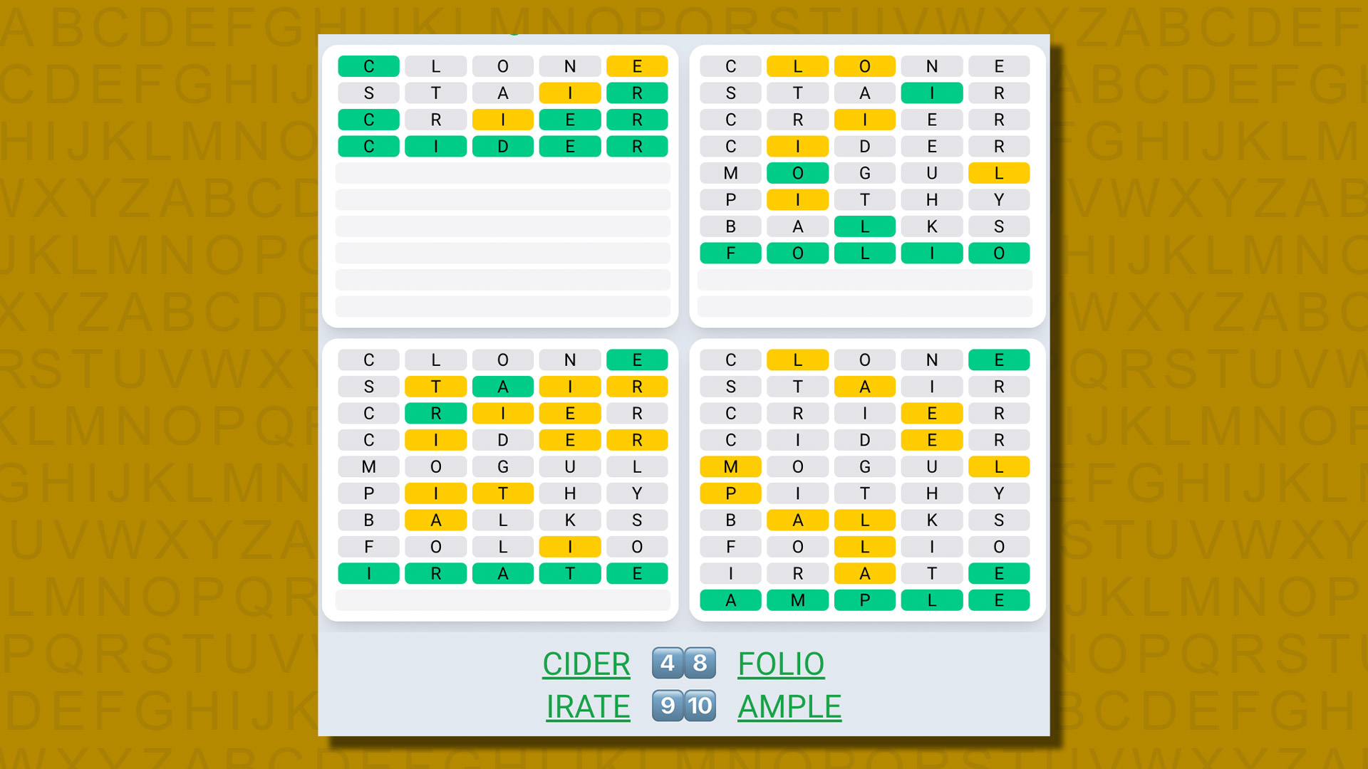 Quordle daily sequence answers for game 572 on a yellow background