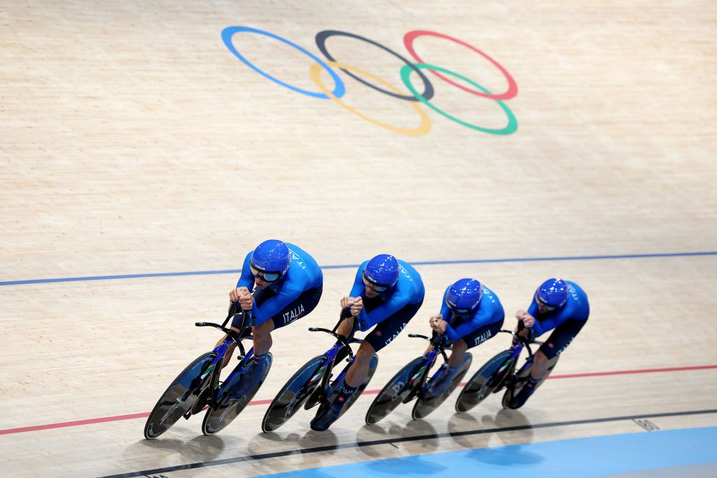 PARIS FRANCE AUGUST 05 Simone Consonni Filippo Ganna Francesco Lamon and Jonathan Milan of Team Italy compete during the Mens Team Pursuit Qualifiers on day ten of the Olympic Games Paris 2024 at SaintQuentinenYvelines Velodrome on August 05 2024 in Paris France Photo by Alex BroadwayGetty Images