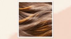 A close up of shiny and wavy brown hair to illustrate treatments for shiny hair/ in a peach and creamy gradient template