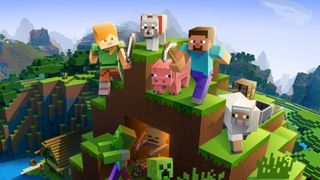 Some key art from Minecraft showing player characters and animals on top of a hill