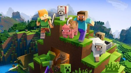 The best Minecraft servers - Some key art from Minecraft showing player characters and animals on top of a hill