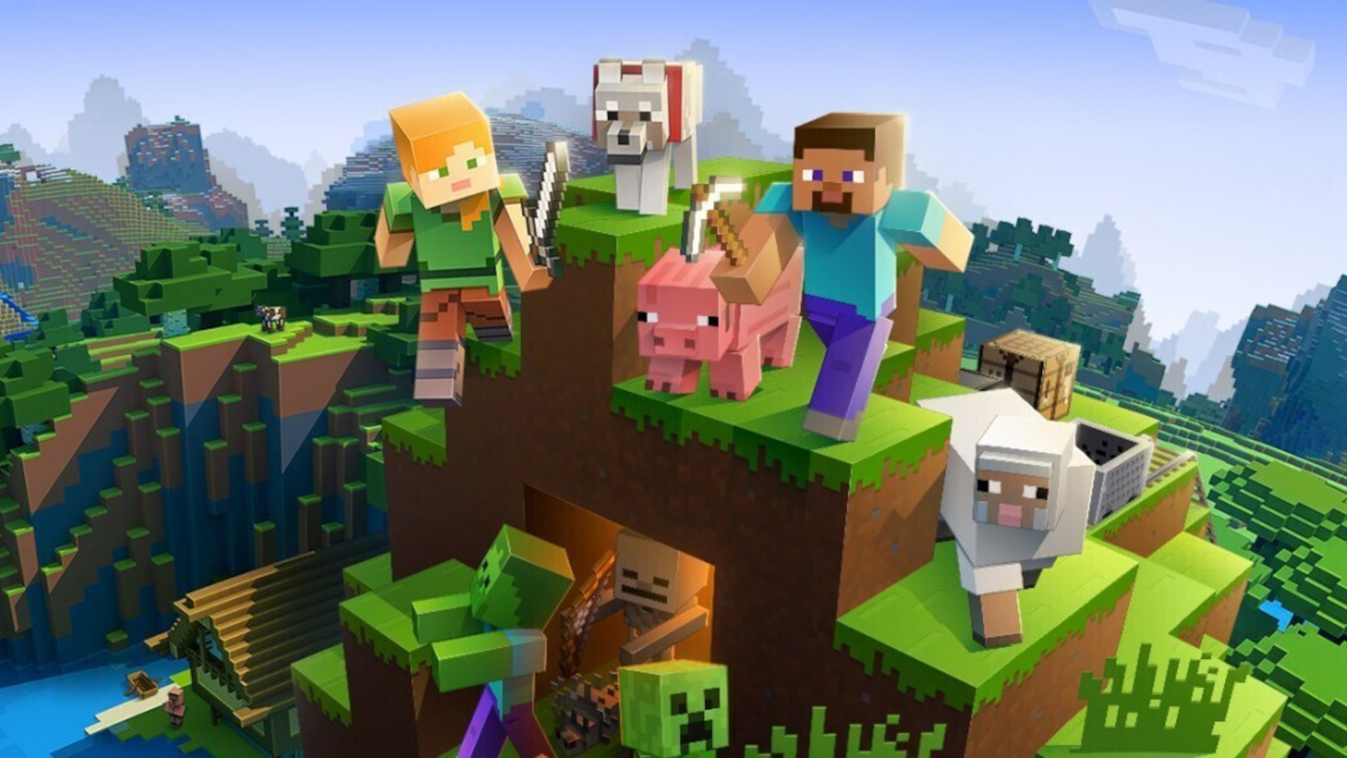 game bertahan hidup terbaik: Karakter Minecraft berdiri di atas gua tempat tanaman merambat keluar
