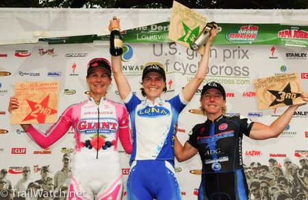 The elite women's podium (l-r): Meredith Miller (California Giant Berry), Georgia Gould (Luna Pro Team) and Laura Van Gilder (C3 Athletes Serving Athletes).
