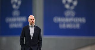 Manchester United manager Erik ten Hag, looks on in front of UEFA Champions League signage during the UEFA Champions League match between F.C. Copenhagen and Manchester United at Parken Stadium on November 08, 2023 in Copenhagen, Denmark.
